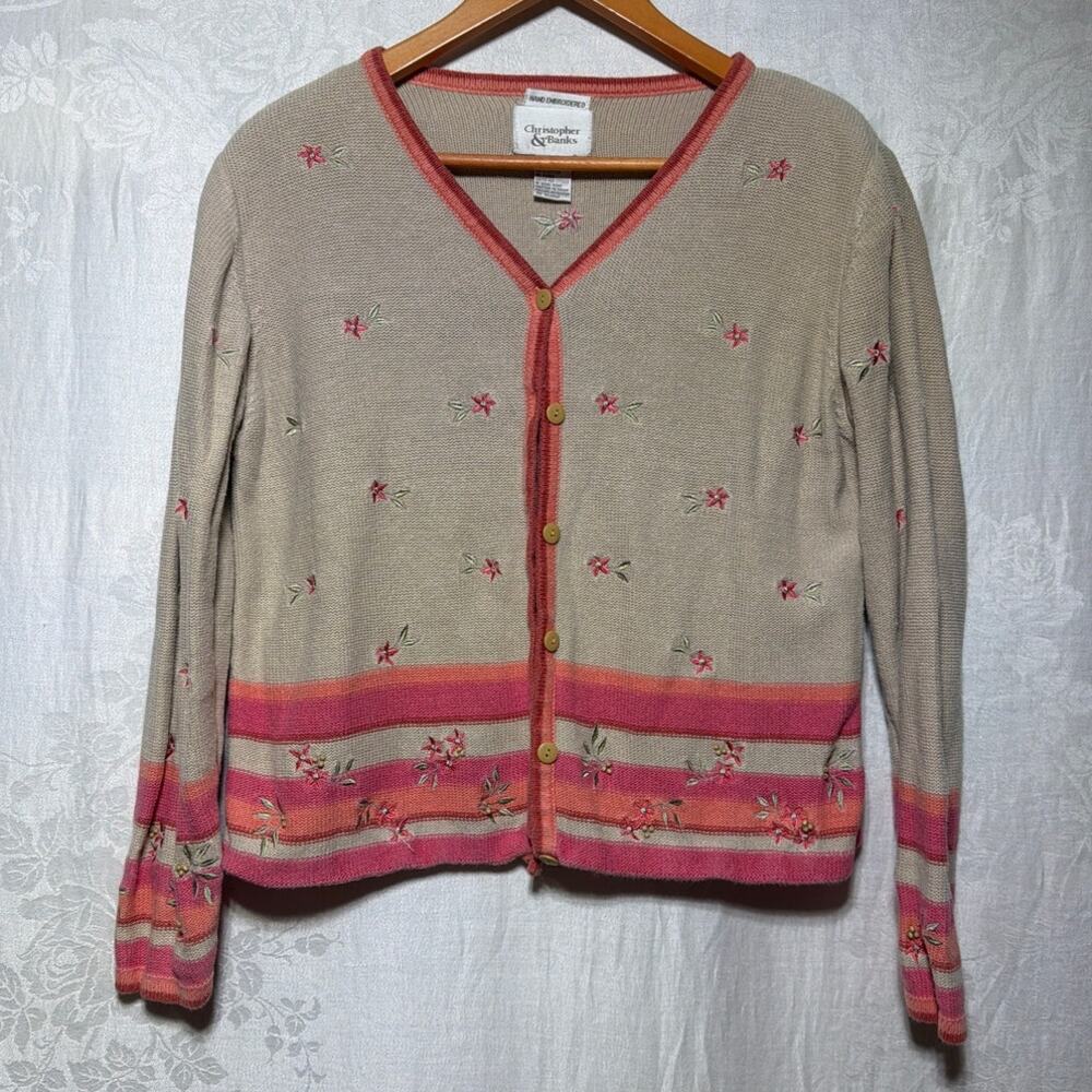 VTG Cardigan Sweater Small Tan Pink Floral Hand Embroidered Beaded Cotton Ramie